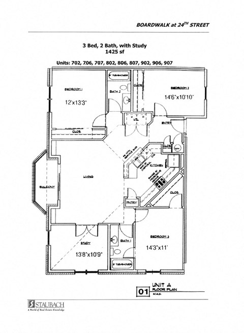 Floor plan for 3 beds, 2 baths, 1425 sqft